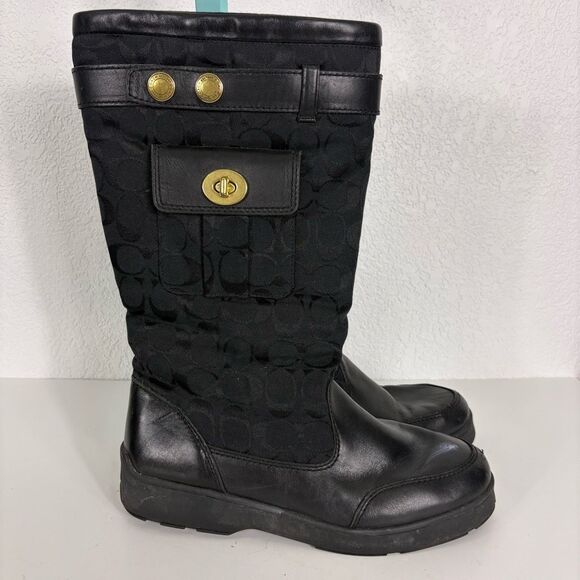 Coach Black Leather Monogram Kayla Signature Logo Tall Winter Boots Size 9.5 - Picture 7 of 14